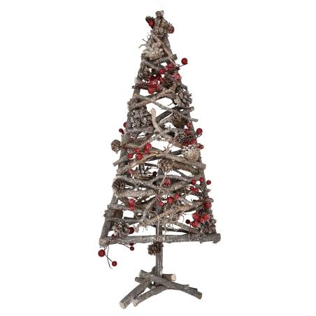 A rustic, twig-like Christmas tree decorated with red berries and pine cones.