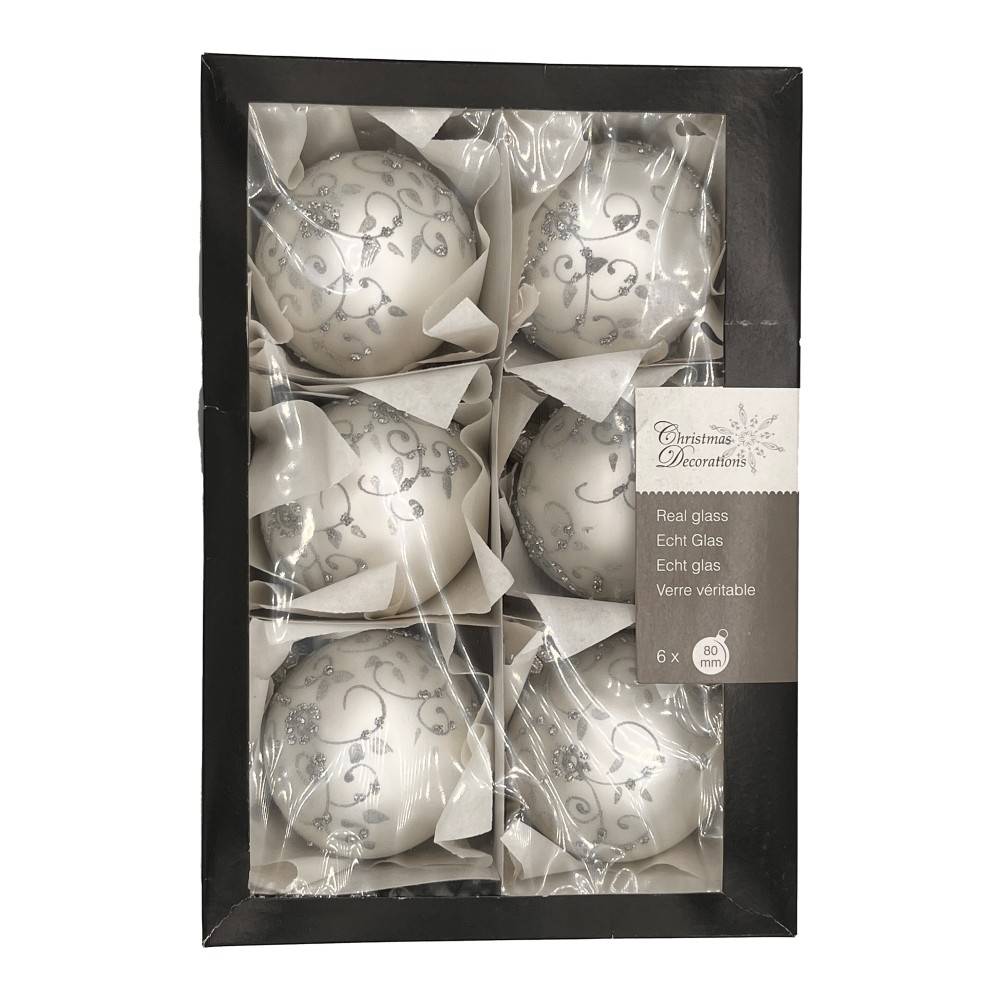 Six elegant glass Christmas ornaments in white and silver, beautifully packaged in a black box.