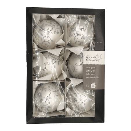 Six elegant glass Christmas ornaments in white and silver, beautifully packaged in a black box.