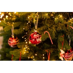 Glanzende rode kerstbal met witte letters, omringd door groene takken en warme lichtjes.