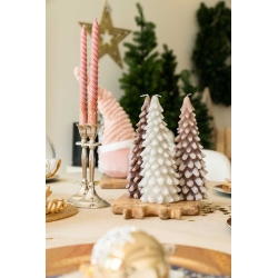 Elegant table setting with pastel-hued tree candles, silver accents, and festive decor.