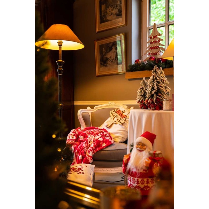 Gezellige kerstdecoratie met een grijze bank, rode kussens, een kerstboom en een kerstman-beeldje.