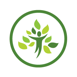 A stylized figure with outstretched arms surrounded by green leaves in a circular design.