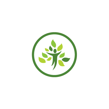 A stylized figure with outstretched arms surrounded by green leaves in a circular design.