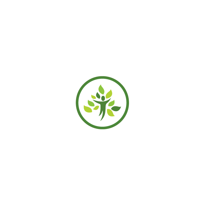 A stylized figure with outstretched arms surrounded by green leaves in a circular design.