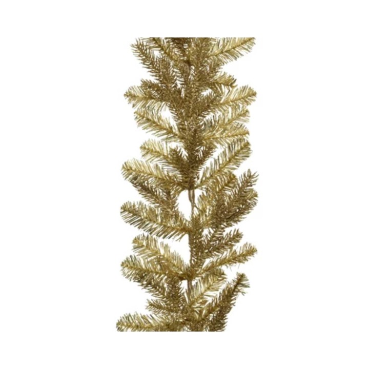 Gouden kunstkersttak met groene, spitse bladeren en een glanzende afwerking.