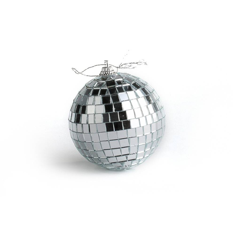 A shiny, reflective disco ball adorned with small square mirrors.