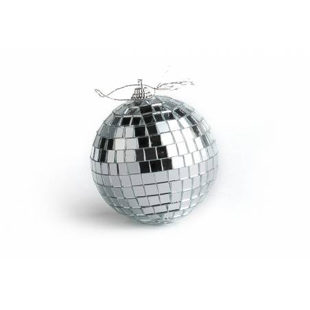 A shiny, reflective disco ball adorned with small square mirrors.