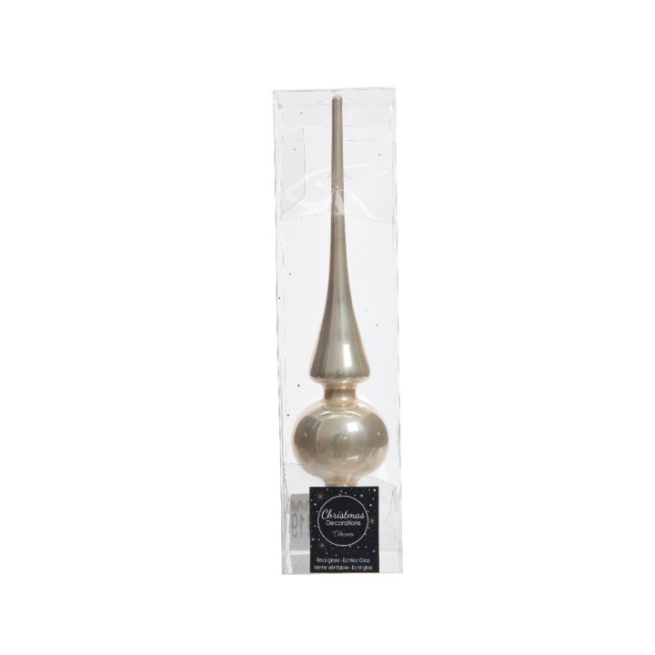 Een zilverkleurige kerstboomtopper in de vorm van een spitse piek met een bolle basis.