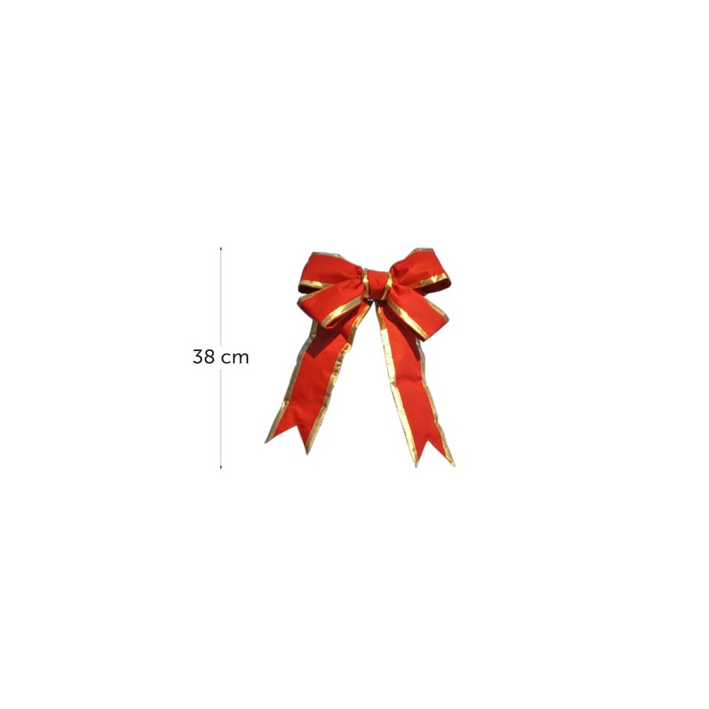 A large red bow with gold trim, featuring long, flowing tails.