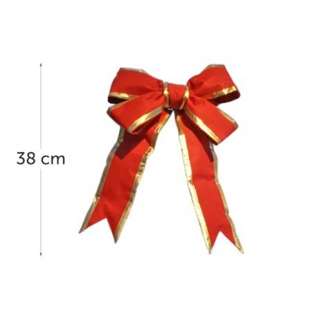 A large red bow with gold trim, featuring long, flowing tails.