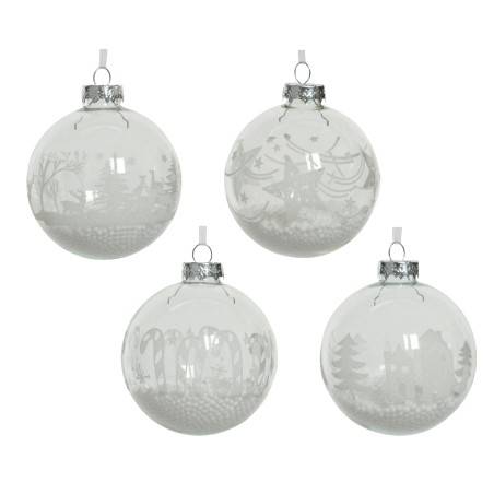 Four clear glass ornaments with intricate white winter scenes and silver tops.