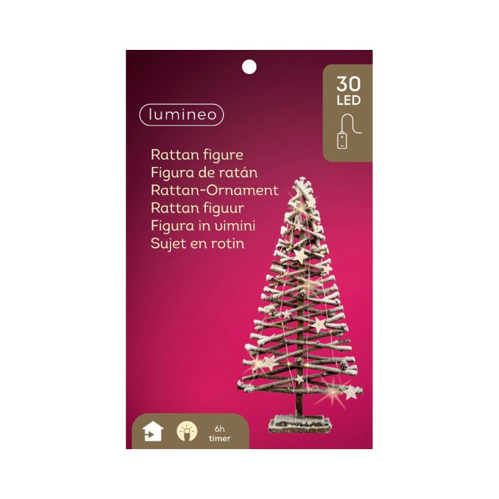 Ratten boompje met LED-verlichting, modern en sfeervol, in een strakke verpakking.