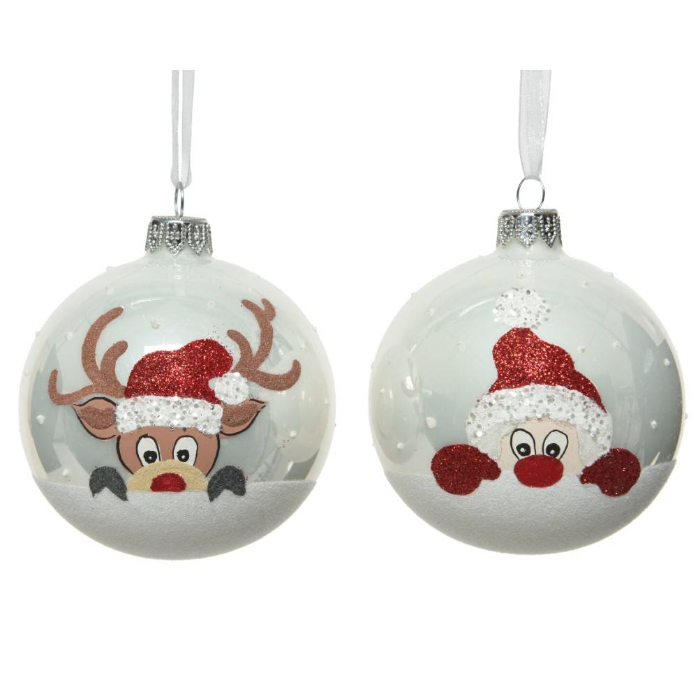Two festive ornaments featuring a reindeer and a snowman, both wearing red hats and snowy accents.
