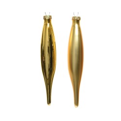 Two elongated, shiny golden ornaments with a smooth, reflective surface.
