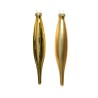 Two elongated, shiny golden ornaments with a smooth, reflective surface.