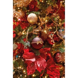 A festive arrangement of red and gold ornaments nestled among lush green pine branches.