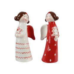 Two charming ceramic angels, one in white with red accents, the other in red with white details.