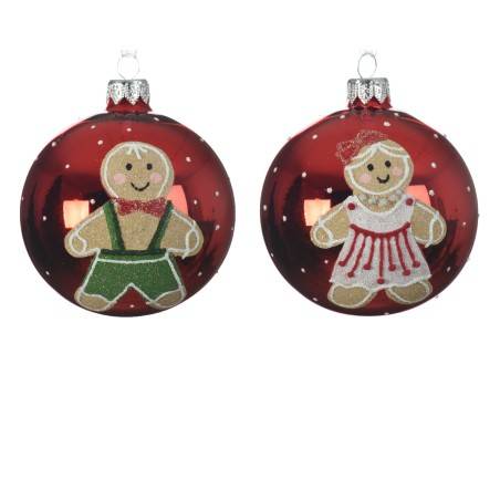 Twee rode kerstballen met glitterfiguren van een jongen en meisje in feestkleding.