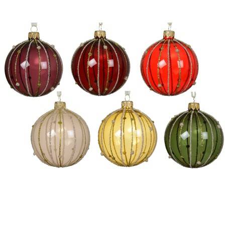 Six decorative Christmas ornaments in rich reds, greens, and golds with elegant striped patterns.
