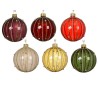 Six decorative Christmas ornaments in rich reds, greens, and golds with elegant striped patterns.