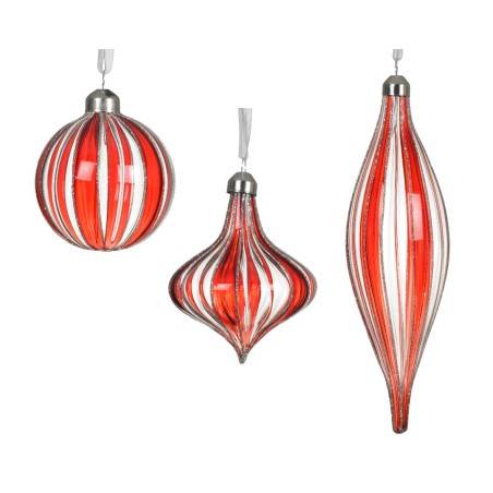 Drie glazen kerstballen in rood en wit, met elegante strepen en verschillende vormen.