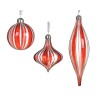 Three elegant glass ornaments in red and white stripes, featuring varied shapes and smooth finishes.