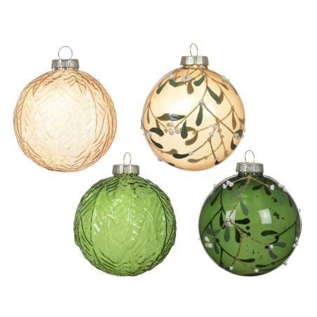 Vijf kerstballen in verschillende tinten groen en goud, met delicate patronen en glanzende afwerk...