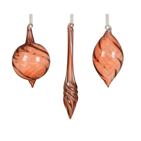 Three elegant glass ornaments in warm peach tones, featuring various shapes and swirls.