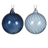Two glass ornaments, one dark blue with swirls and one light blue, both shiny and round.
