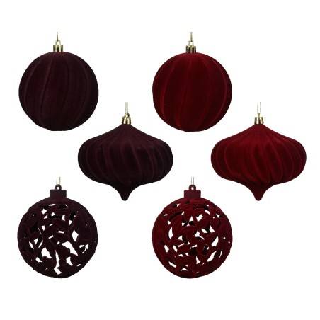 Deep burgundy velvet ornaments in various elegant shapes, adding a luxurious festive touch.