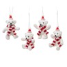 Four cute, fluffy white teddy bears wearing red and white striped scarves and hats.