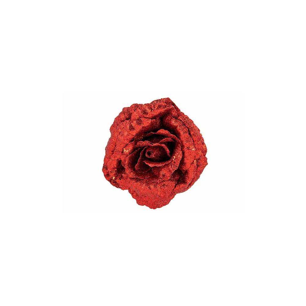 A vibrant red rose covered in shimmering glitter, showcasing intricate petal details.