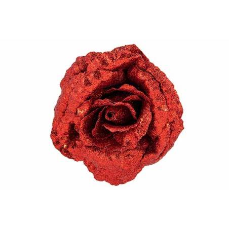 A vibrant red rose covered in shimmering glitter, showcasing intricate petal details.