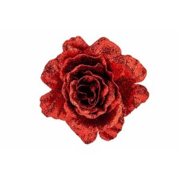 Glanzende, rode bloem met een rijke textuur en glitters, die elegantie uitstraalt.