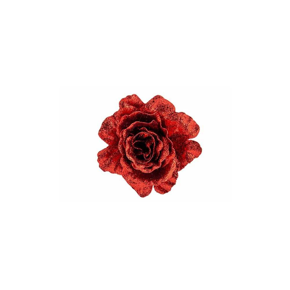 A vibrant red flower with glittery petals, showcasing rich texture and intricate details.
