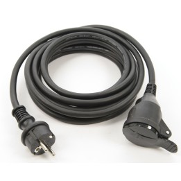 Zwarte elektrische verlengkabel met een stekker en draaihaak voor bevestiging.