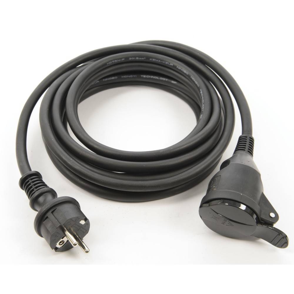 A coiled black electrical extension cord with a plug and a socket connector.