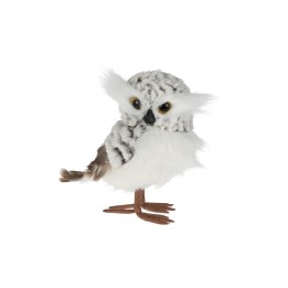 Schattige, pluizige uil met een witte en grijze vacht, grote ogen en een speelse houding.