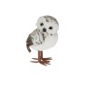 A fluffy, white and gray owl plush with big eyes and brown feet, perched cutely.