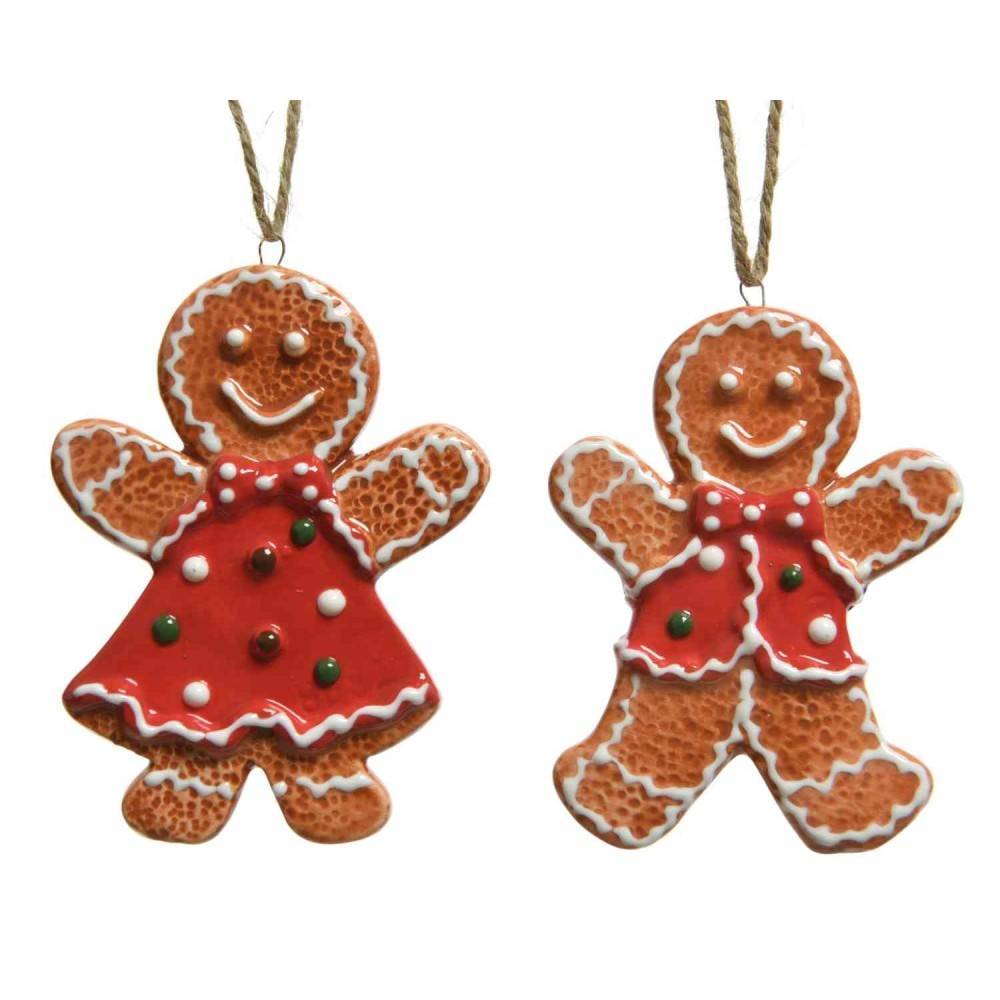 Two cheerful gingerbread figures, one in a red dress, both decorated with icing and colorful beads.