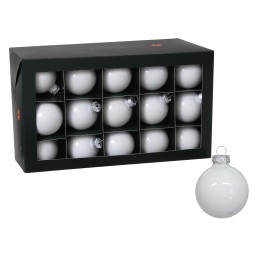 Zestien witte kerstballen in een zwarte doos, met een glanzende afwerking en een eenvoudige vorm.