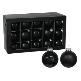 Zwarte kerstballen in verschillende afwerkingen, verpakt in een elegante doos.
