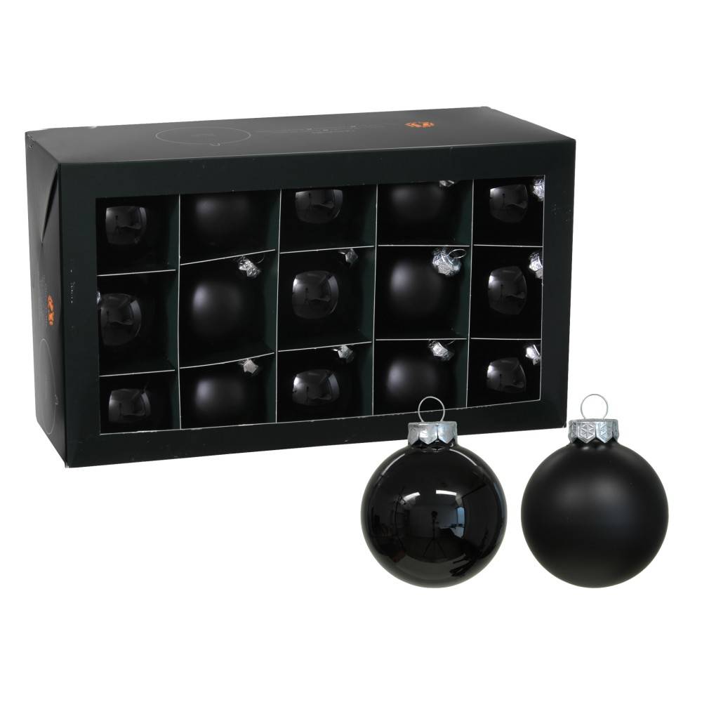 A stylish box contains shiny and matte black Christmas ornaments.
