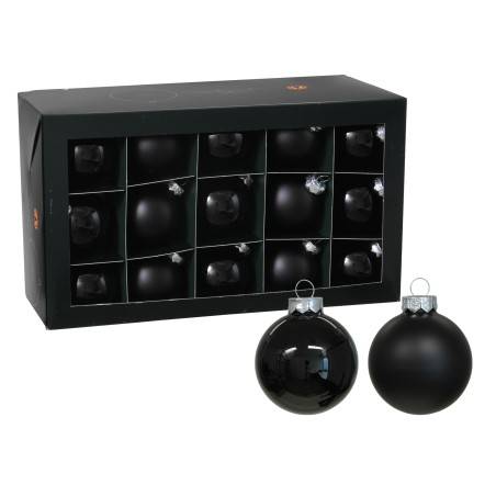 A stylish box contains shiny and matte black Christmas ornaments.
