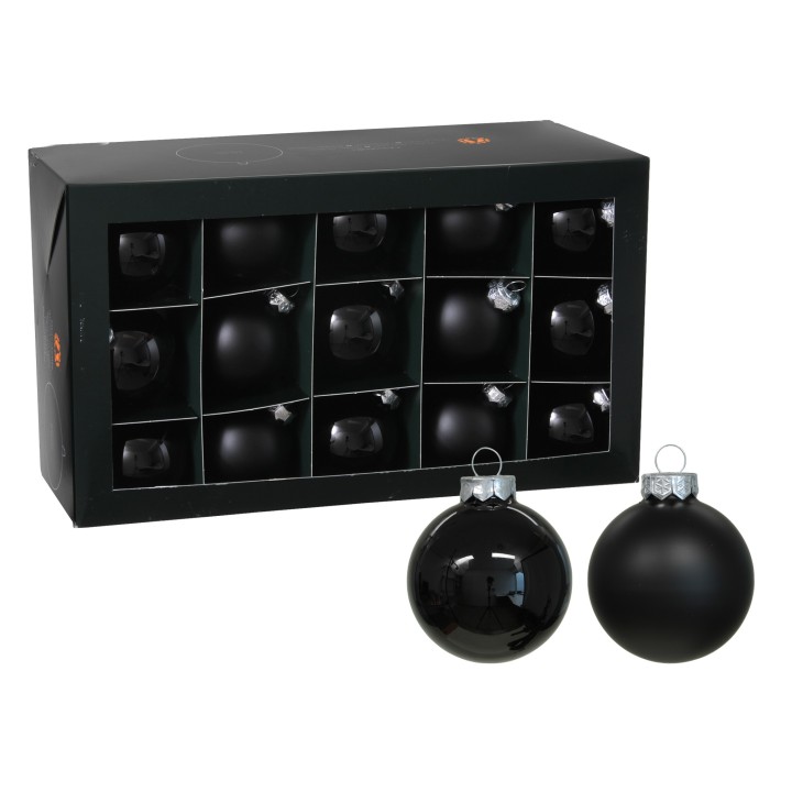 Zwarte kerstballen in verschillende afwerkingen, verpakt in een elegante doos.