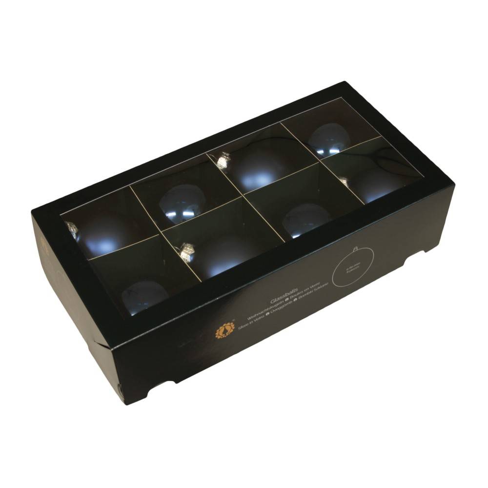 A sleek black box containing nine shiny spherical ornaments, each glowing softly.