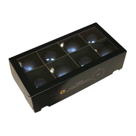 A sleek black box containing nine shiny spherical ornaments, each glowing softly.