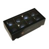 A sleek black box containing nine shiny spherical ornaments, each glowing softly.
