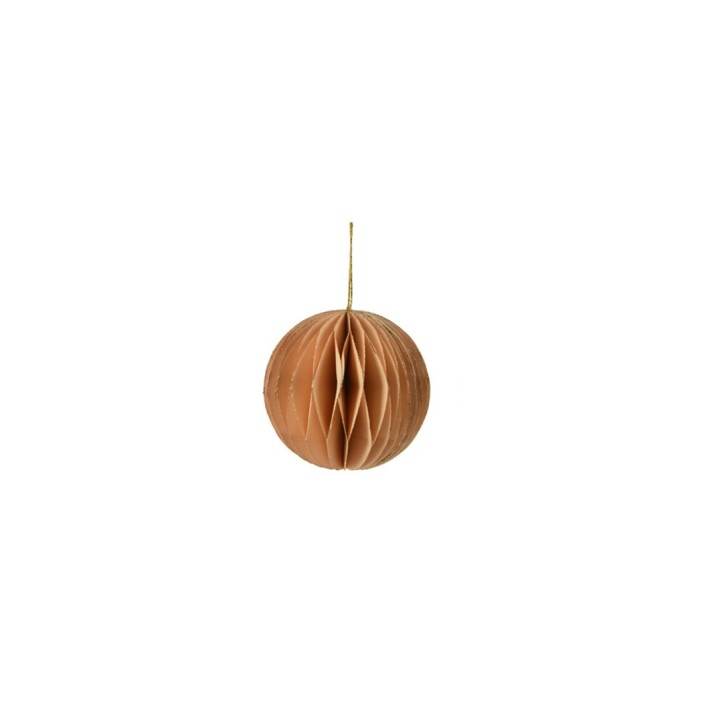 Ronde, lichtbruine papieren decoratie met een honinggraatstructuur, hangend aan een dunne draad.